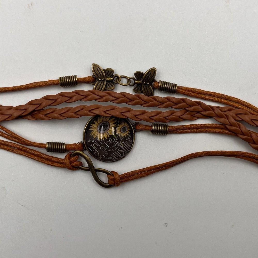 Brown Handmade Multilayer Leather Bracelet / Glass Domed You Are My Sunshine